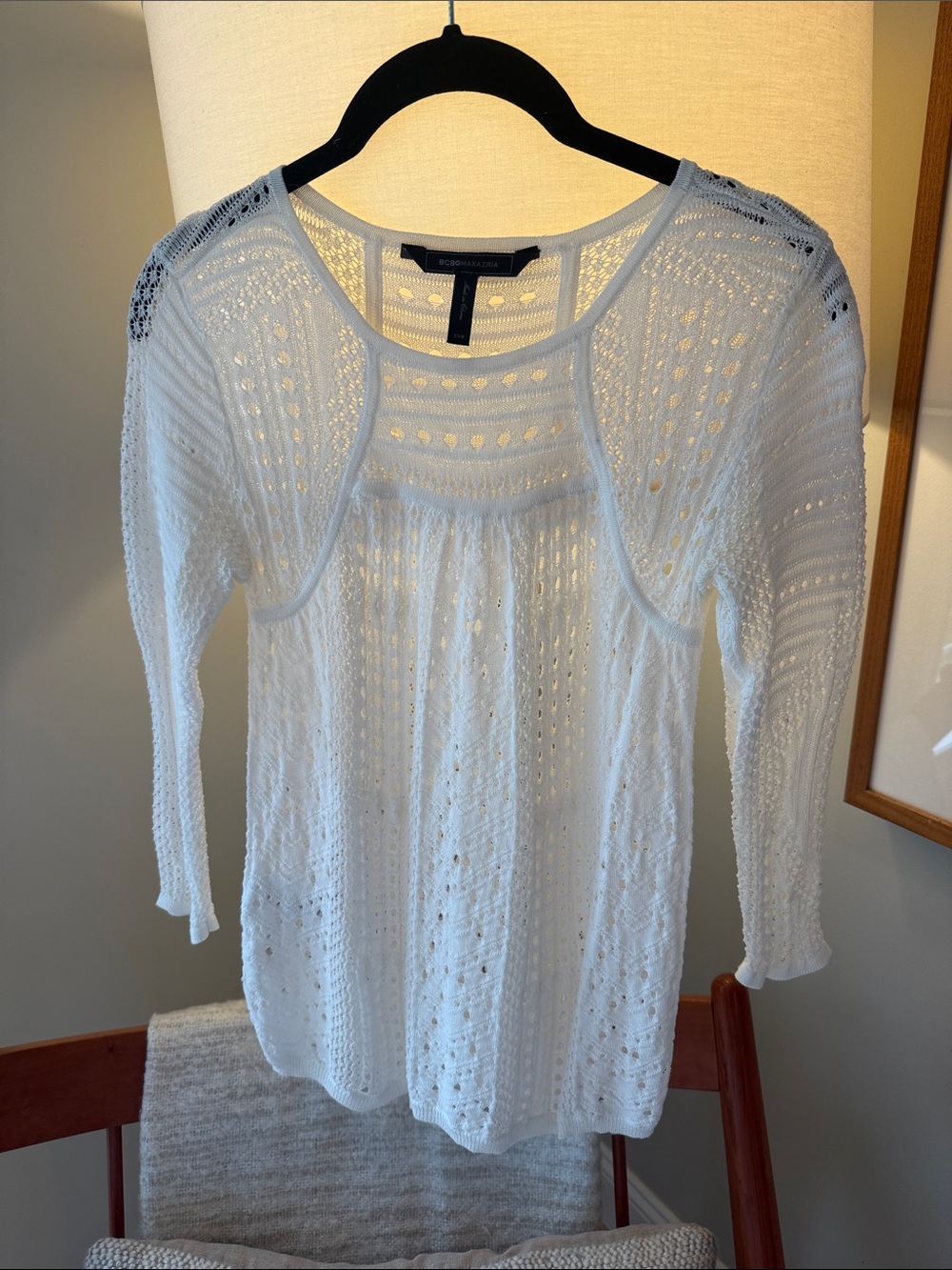 BCBGMaxAzria White Openwork Crochet Long Sleeve Tunic